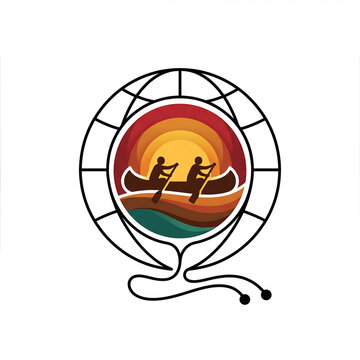 Minimalist indigenous peoples day logo with globe canoe and sun motif on white

