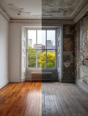 Fototapeta premium Room interior split screen showing before and after renovation contrasting aged and restored conditions restoration