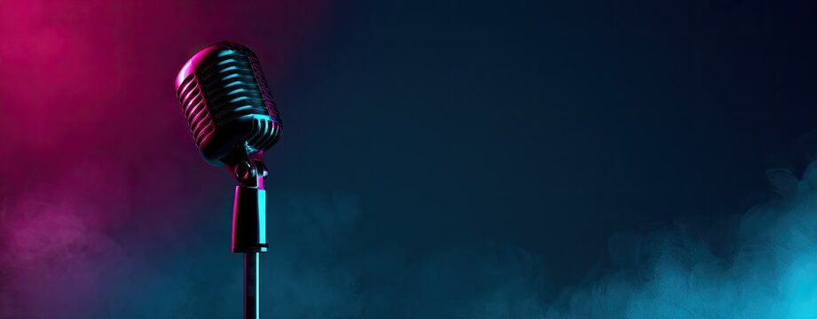Retro microphone illuminated by pink and cyan lights amidst swirling smoke