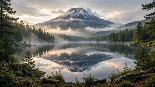 Majestic Mountain Reflection on Serene Lake at Dawn.