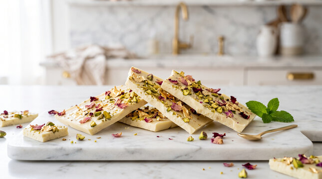 White chocolate bark with pistachios and rose petals on marble cutting board