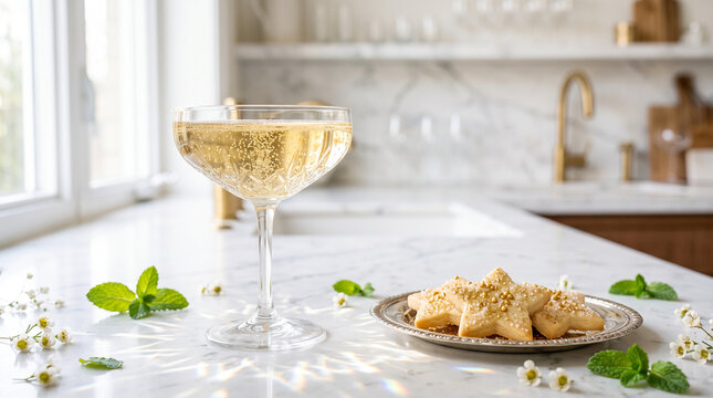 Sparkling wine in coupe glass with star cookies on bright marble kitchen counter