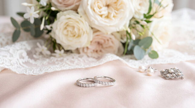 Diamond wedding rings and pearl jewelry on pink silk with white rose bouquet