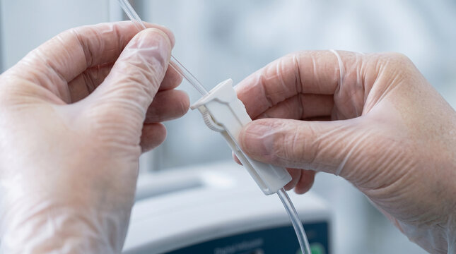Close-up of medical professional hands adjusting intravenous infusion set drip