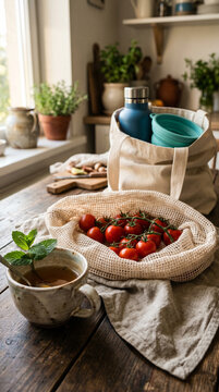Fresh Cherry Tomatoes In Mesh Bag With Reusable Tote On Rustic Wooden Table
