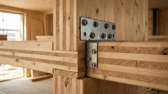 Cross Laminated Timber CLT construction joint with metal connector plate in building frame