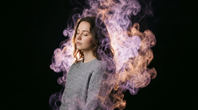 Young woman with closed eyes surrounded by colorful purple and orange smoke on black background