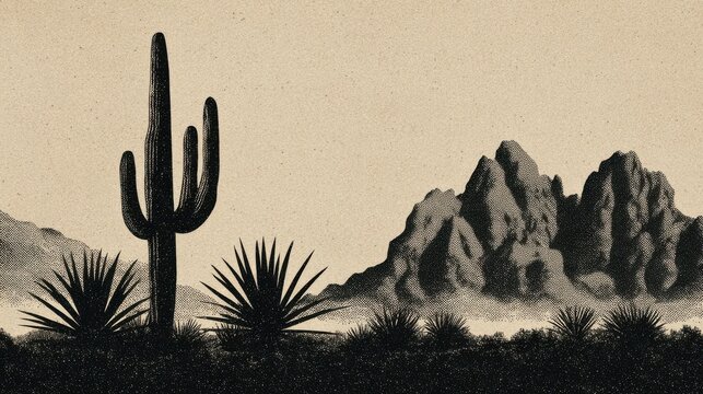 Desert landscape illustration featuring a saguaro cactus and mountain range in a monochrome style arid