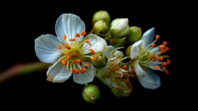 Delicate white cherry blossoms feature bright orange stamens captured in sharp macro detail against a deep black high contrast background