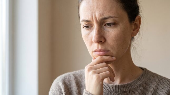 A pensive young woman with a furrowed brow rests her hand on her chin, appearing deeply concerned or lost in thought.