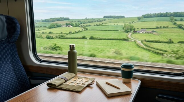 Scenic train journey with countryside view and travel essentials.