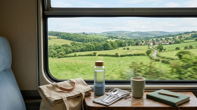 Scenic train window view with breakfast and countryside.