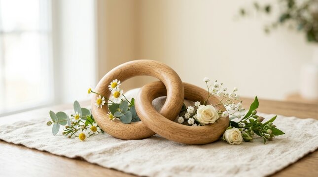 Wooden Pretzel Ring with Spring Flowers on Linen Cloth.