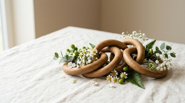 Wooden Pretzel Ring with White Flowers on Linen.