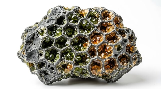 Raw mineral rock with hexagonal gemstone crystals isolated on white background.