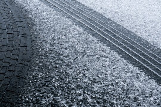 Tread marks pressed into a icy, frosted, slushy, wintry road