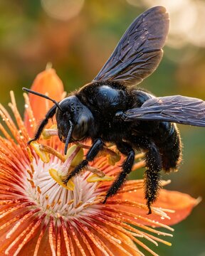 Extreme macro shot of a metallic carpenter bee (*Xylocopa*) perched on a passion flower.