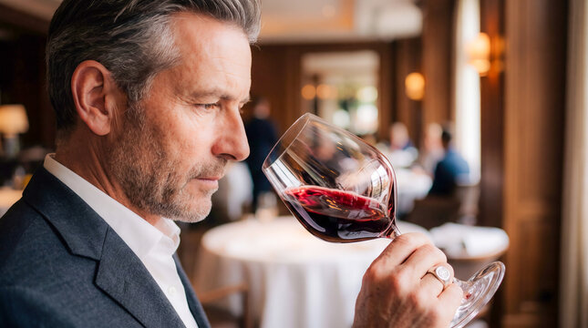 Wine Tasting Experience: A distinguished gentleman in a suit savors the aroma of red wine in a sophisticated restaurant setting, his eyes closed in deep appreciation of the tasting moment.