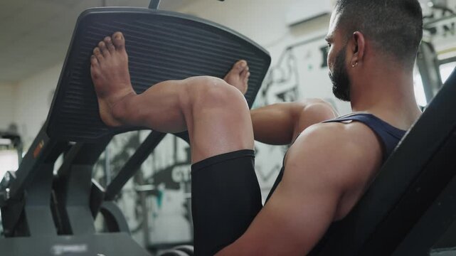 A young Indian Asian fit, muscular, confident male or man performs a leg press exercise during a resistance weight training workout in a modern gym. Fitness, health, bodybuilding, wellness concept.