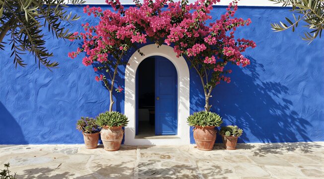 Blue wall with arched doorway and flowering bougainvillea display