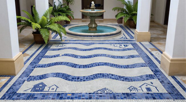 Mosaic tiled floor leading to central fountain in courtyard
