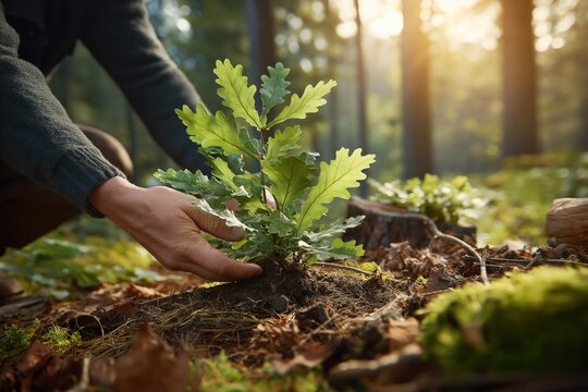 Hand plants a young oak tree in a forest during daylight hours