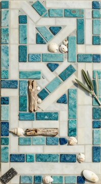 Turquoise tile mosaic with shells and driftwood on marble