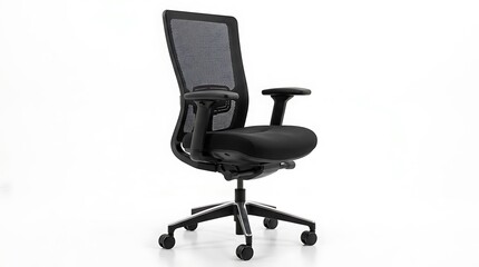 Obraz premium Modern black ergonomic office chair with mesh back isolated on white background