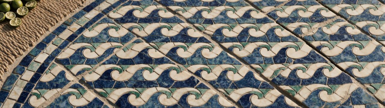 Blue and white wave patterned floor tiles on pavement