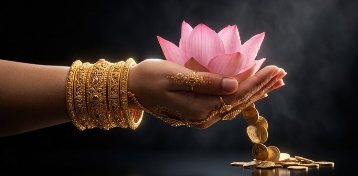 Lakshmi Hands with Lotus and Gold Coins &ndash; Prosperity