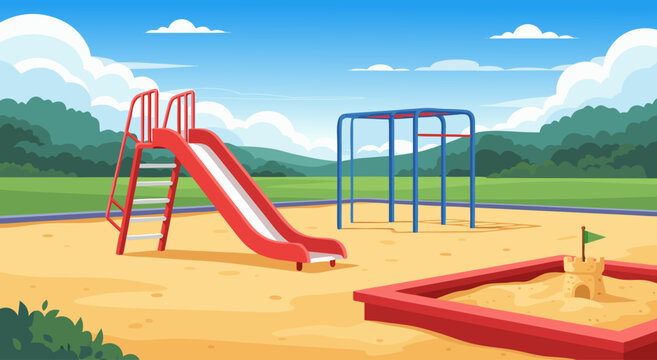Empty children playground in a sunny public park with red slide, sandbox and metal climbing frame, cartoon vector illustration.