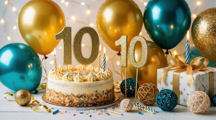 Obraz premium Decorated birthday cake with burning candles and golden number 10. Festive balloons, gift box, and sparkling lights create party atmosphere for tenth year celebration.