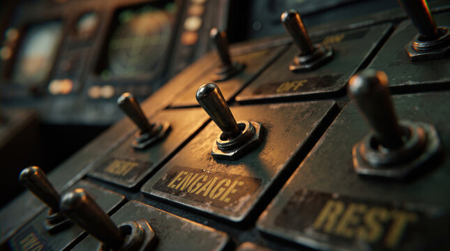 Vintage metal control panel dashboard featuring toggle switch to engage, activate and control machinery.