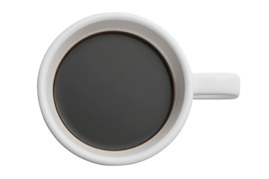 A white ceramic cup filled with black coffee, viewed from above, showing a smooth, dark surface.