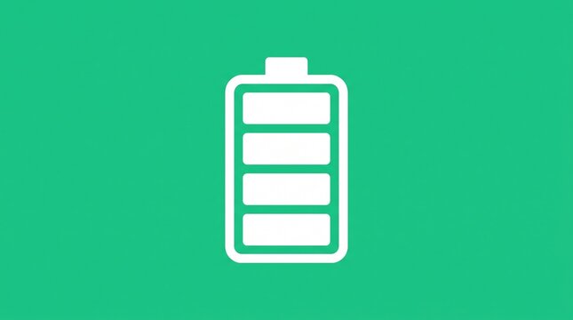 Full battery charge icon, a vibrant green background with a white power indicator, essential for energy and technology concepts, perfect for digital interfaces and mobile app design.