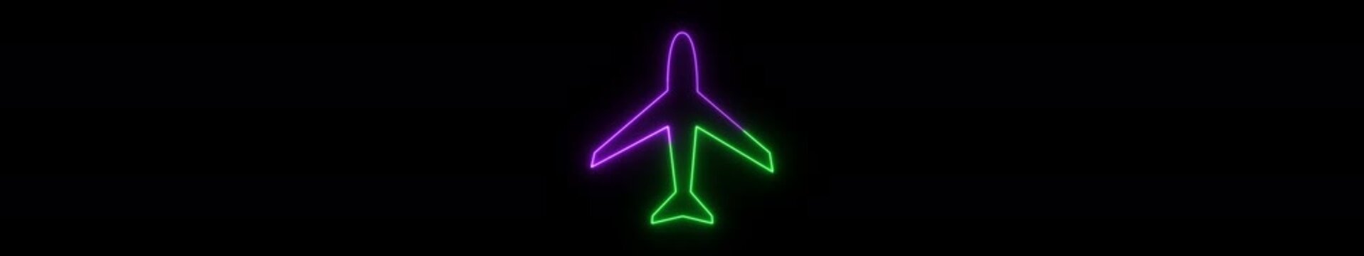 Ultrawide Neon Airplane Icon Animation &ndash; Glowing Aviation Aircraft Symbol on Black Background, Flight Travel Interface, Seamless Loop Widescreen Motion Graphic in 4K with Alpha