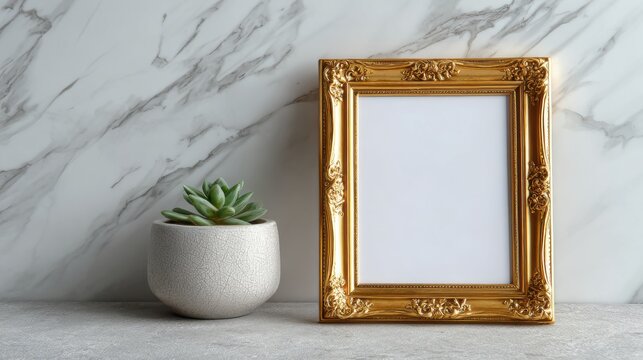 Ornate rectangular gold picture frame and potted succulent plant against a marble wall gilded decorative
