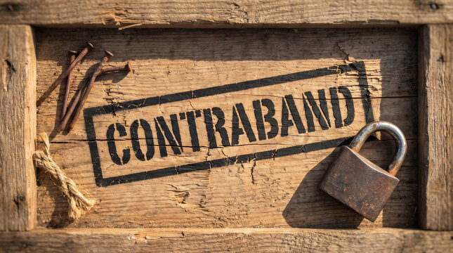 Contraband crate with padlock for illegal smuggling, illicit cargo trafficking, customs seizure and trade.