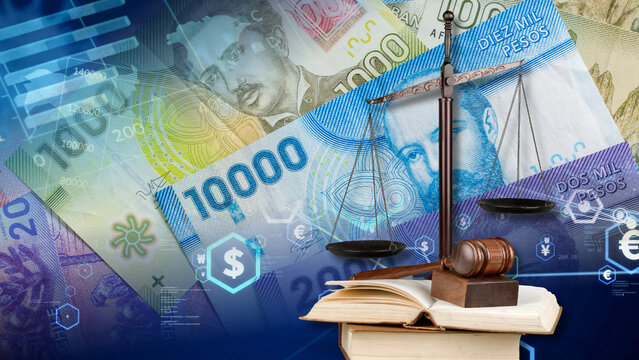 The Chilean financial and legal data display features Chilean peso banknotes, a scale of justice, a judge gavel, and open law books to show the economic impact of Chile's trade laws, financial 
