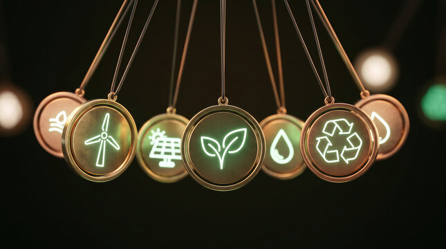 Sustainability pendulum balance showing renewable esg ecosystem momentum for ecology conservation and recycling.