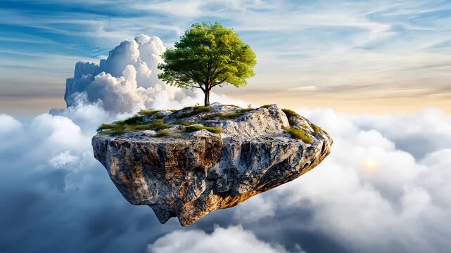 Solitary tree on a floating island above the clouds in a serene sky landscape