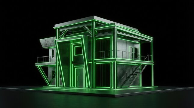 Abstract digital wireframe of a modern house structure glowing with green neon light against a black background