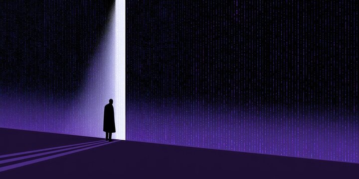 Solitary figure stands at entrance to bright, digital abyss