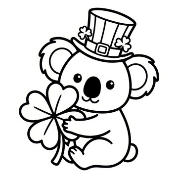 Cute koala wearing leprechaun hat holding shamrock