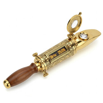 Vintage style brass refractometer with wooden handle and digital display showing 250 brix isolated on white background