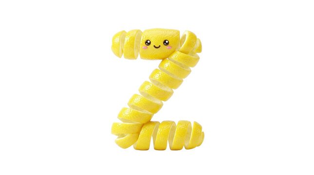 Kawaii lemon peel letter Z, cute citrus fruit alphabet character, yellow spiral zest typography on white background