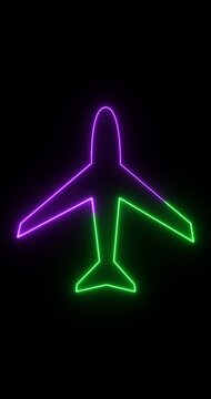 Vertical Neon Airplane Icon Animation &ndash; Glowing Flight Symbol on Black Background, Aviation Travel UI Element, Seamless Loop Overlay, 4K Vertical Motion Graphic with Alpha