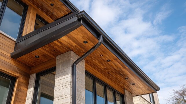 Modern residential exterior detail with wooden soffit dark metal gutters and stone pillar support architecture