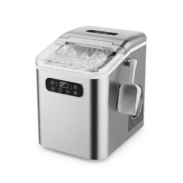 Modern stainless steel portable ice maker machine for home and office use, featuring a digital control panel and a clear viewing window, isolated on white background