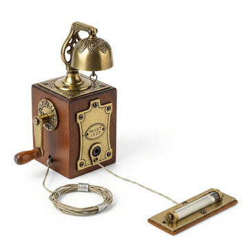 Vintage style manual wooden bell ringer with a brass crank and a pull cord mechanism isolated on white background